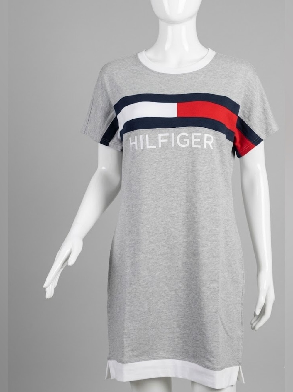 Tommy Hilfiger Grey Tee Dress with Red, White & Navy Logo Stripe Size Medium NWT